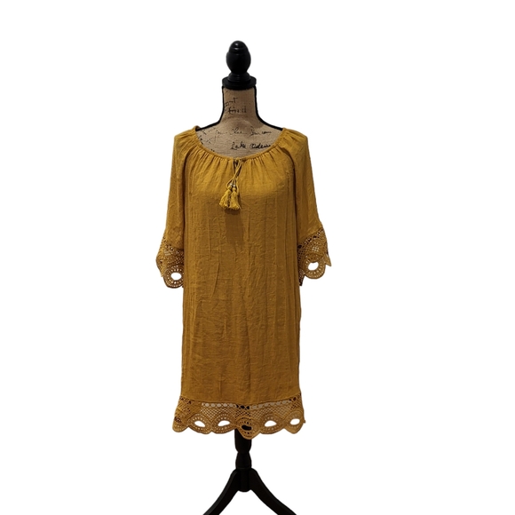 Mlle Gabrielle Dresses & Skirts - Mlle Gabrielle yellow embroidered dress 3/4 sleeves midi